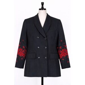 Vintage 90s Scaasi Black Double Breasted Blazer Red Floral Embroidered Sleeves 6